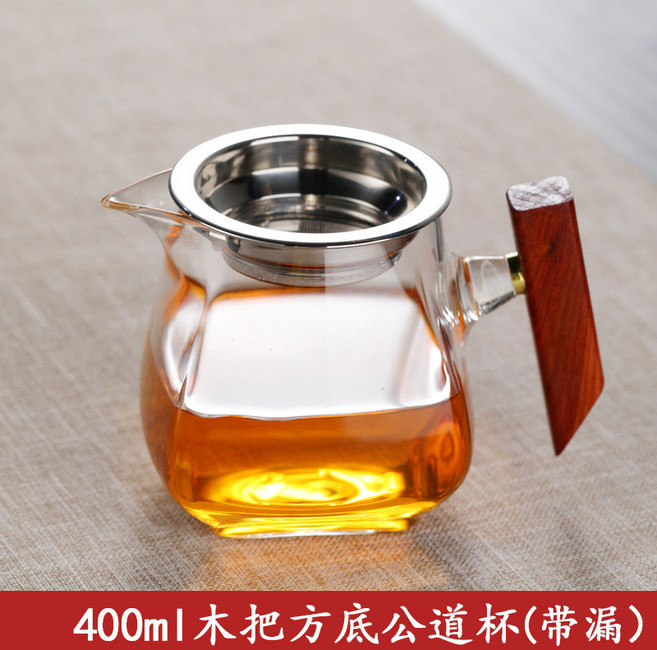 梵師 400ml 耐高溫木把 方底公道杯 茶漏 分茶器, 1個, R400ml木雀方公杯-帶漏, 公杯, 漏
