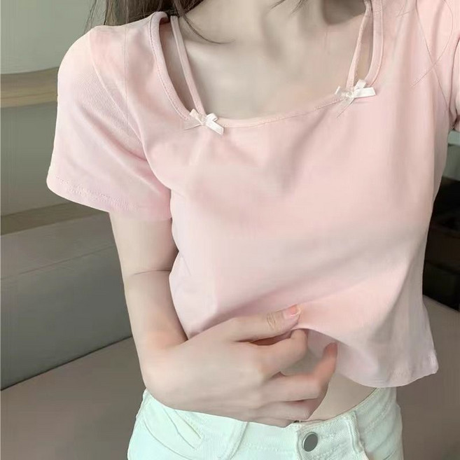 粉色方領短袖T恤 女 夏季別致設計感高腰短款上衣