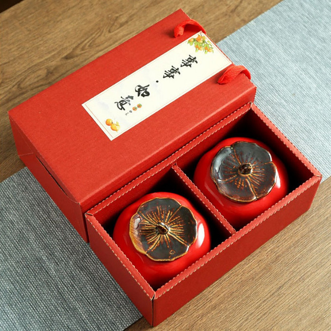 柿子陶瓷密封罐, 1套, 雙灌富貴紅 禮盒