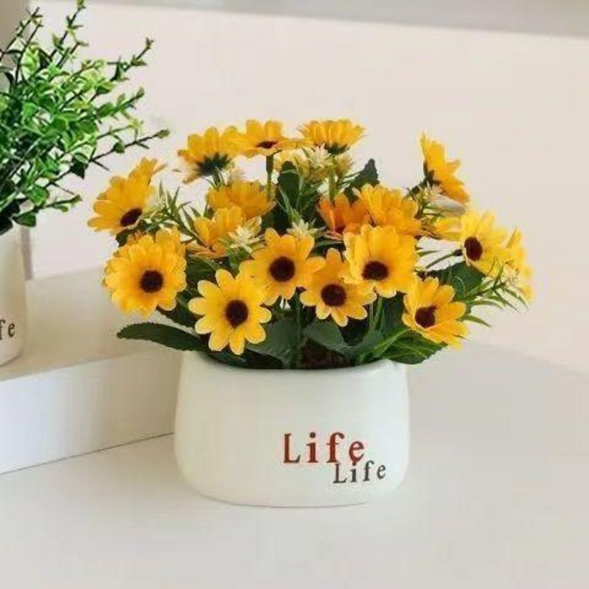 簡約仿真花盆栽擺件 向日葵仿真綠植假花擺設 餐桌裝飾, 小款式向日葵防碰撞花盆, 1個
