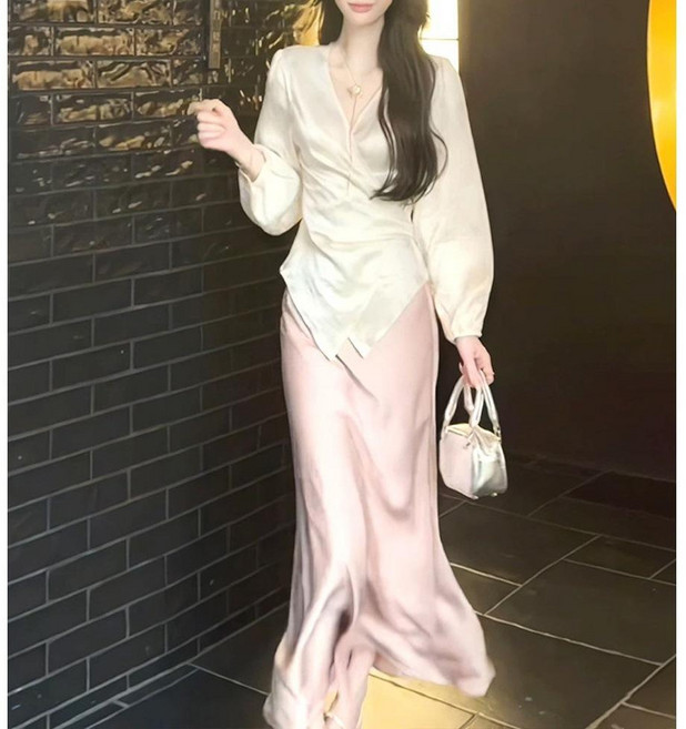 法式氣質V領不規則上衣魚尾裙套裝