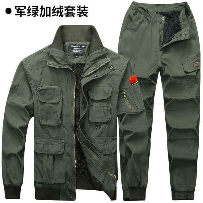 軍綠加絨保暖套裝 戶外耐磨工作服外套, 1個, 鼕季軍綠加絨套裝有旂標,1904XL碼適合185205斤, 軍綠