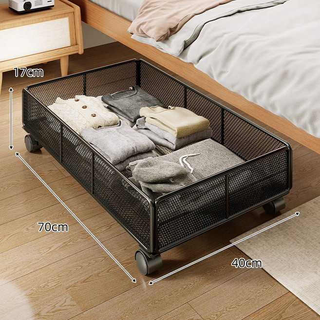 床底收納箱 家用整理箱 附輪 可移動 70x40x17cm, 黑色大號 實心碳鋼 穩固可靠, 1個