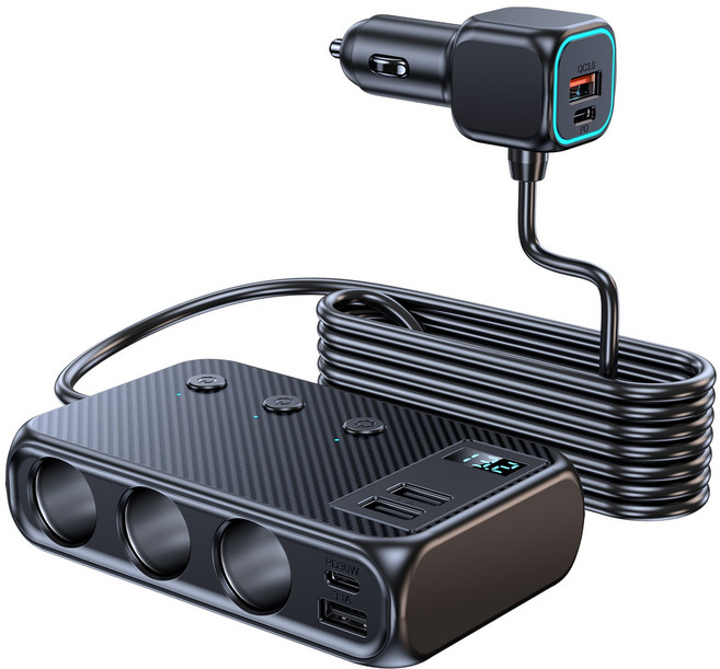 車用點煙器擴充座 一拖三 PD QC3.0 快速充電 12V-24V車型適用 電壓顯示, 1個, 9口