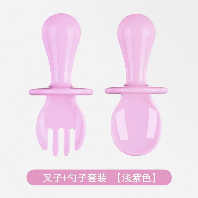寶寶餐具B4H 輔食圓柄 兒童學習餐具 嬰幼兒安全叉勺 防嗆短柄訓練湯匙, 叉+勺【袋裝】淺紫色, 1個