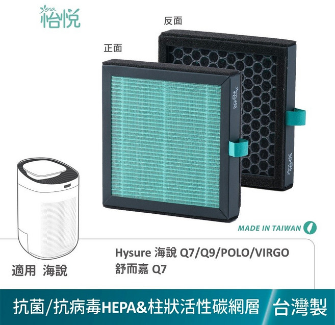 怡悅 適用 Hysure 海說 舒而嘉Q7 Polo Q9 Virgo, 抗菌/抗病毒蜂巢活性碳HEPA濾心, Q7, Polo ,Q9 ,Virgo