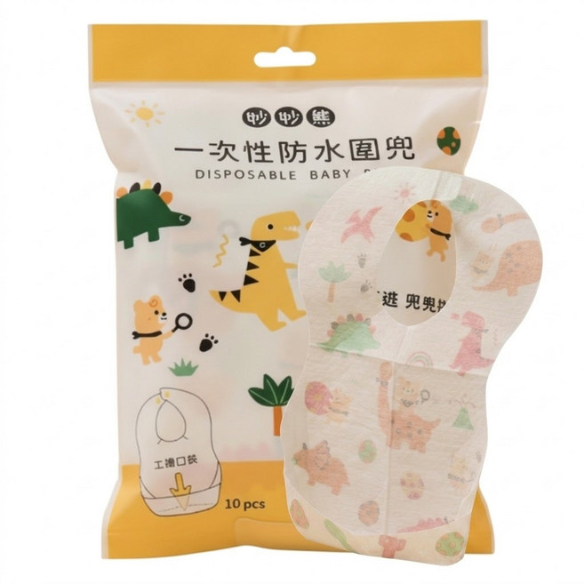 妙妙熊 一次性防水圍兜 恐龍村 (10入), 1個, 妙妙熊一次性防水圍兜-恐龍村
