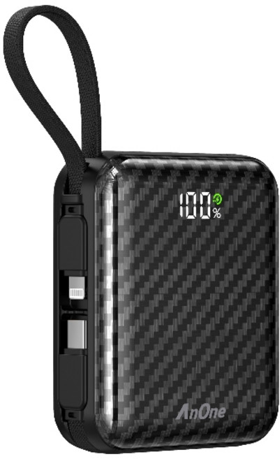 AnOne 口袋行動電源 10000mAh 自帶雙線 22.5W快充 Type-C Lightning 數顯電量 迷你隨身, 黑色/有CCC&WH標示
