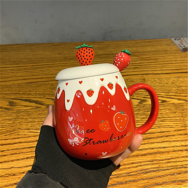 可愛草莓陶瓷馬克杯 附蓋與草莓勺 大容量早餐咖啡水杯, 1個, 紅色 蝴蝶結(蓋子+草莓勺 )