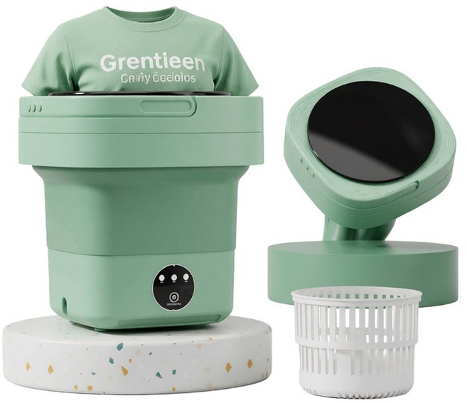 Grentien 可折疊8L洗衣機, 中號清新綠8升藍光殺菌瀝水籃排水管, 如圖所示