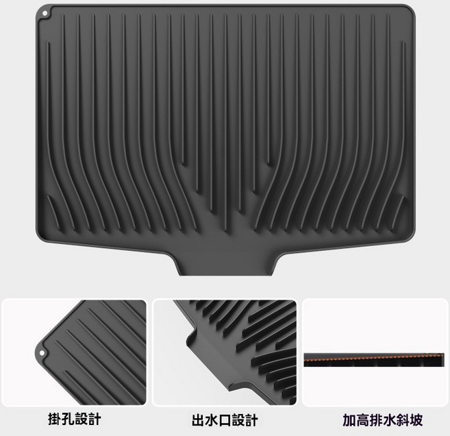 碗碟瀝水墊 矽膠導流墊 餐具隔熱墊 底部防滑 可懸掛, 黑色, 1個