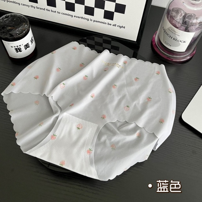Onedays 裸感印花內褲 超薄冰絲3D無痕一片式涼感透氣中腰內褲 女內褲 瑜珈健身C701, 藍,XL