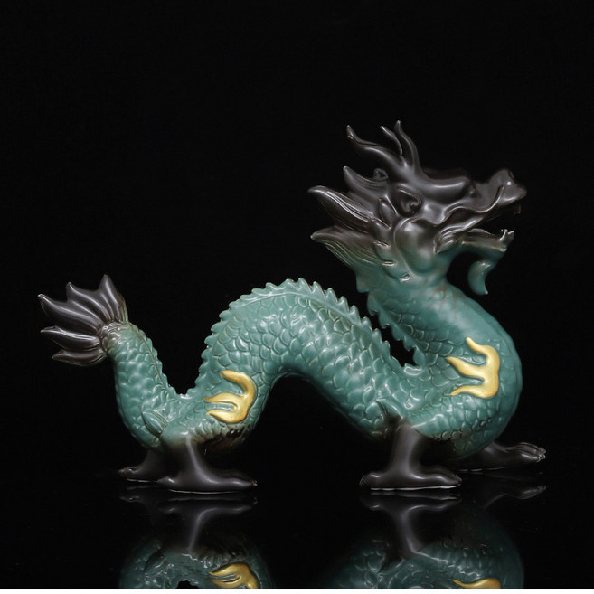 創意龍擺件 茶寵招財飾品, 窯變綠