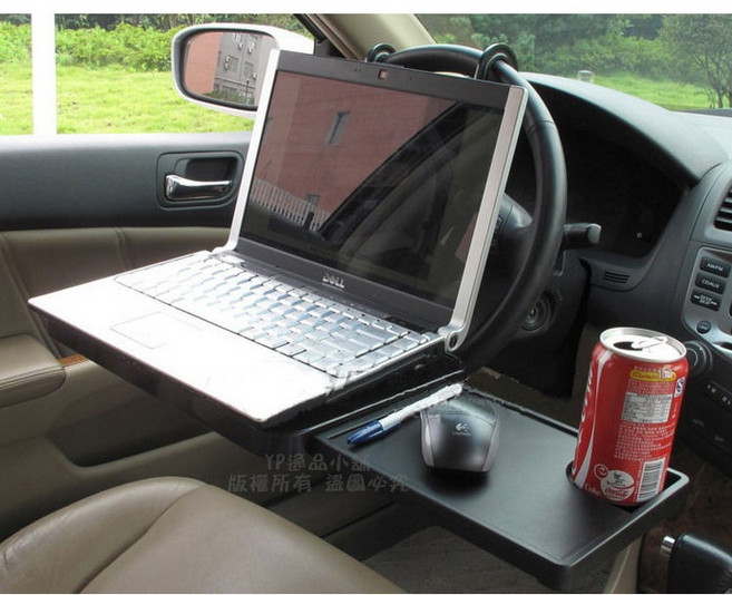【逸品汽車百貨】車用電腦桌 筆記型電腦架 附抽屜 可當餐桌 可掛方向盤 椅背 摺疊筆電支架 飲料架 置物架, 1個, 黑