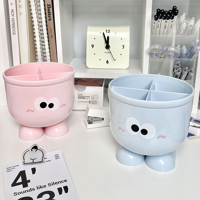 創意筆筒 4格收納, 1個, 【大眼仔創意筆筒】4格收納,1個裝【藍色】創意萌趣/分格收納