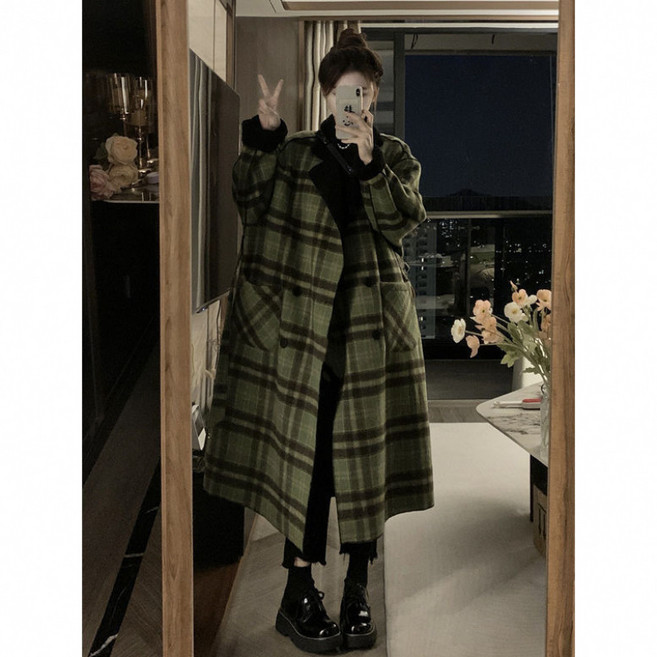 해피유통 여성용 트렌치코트 추동 양면 타탄 체크 모직 루즈핏 하프 도톰 코트 mgy
