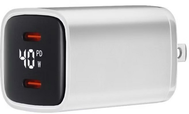氮化鎵充電器 雙Type-C超級快充 可同時輸出 數位顯示 PD40W 手機充電器, 1個, 白色, 白色