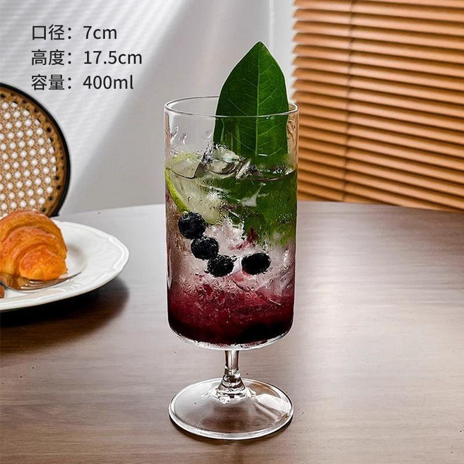 玻璃杯 條紋高腳杯冰淇淋杯奶茶店果汁杯飲料杯, 1個, 圓柱高腳杯大號