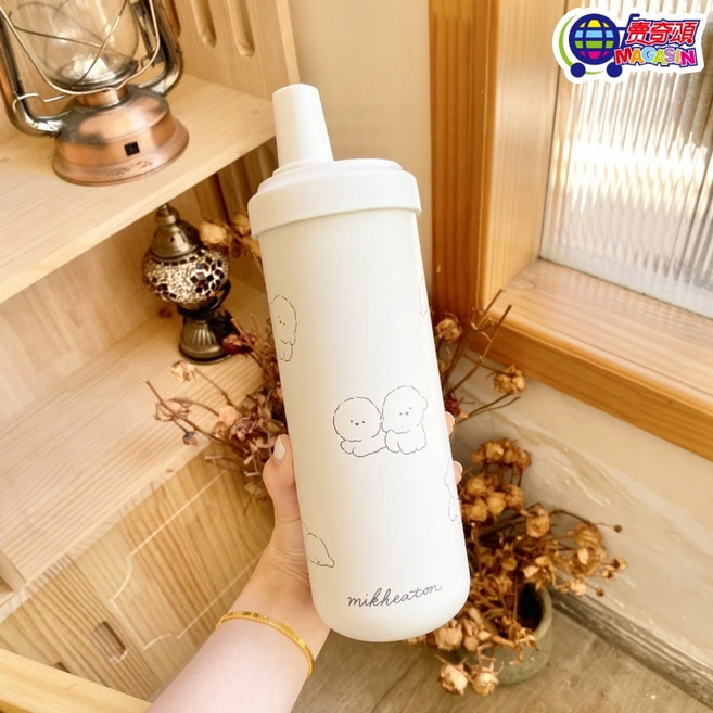 mikheaton 316不銹鋼珍珠吸管杯 750ml 奶茶手搖飲環保杯 多款可愛圖案, 1個, 316不銹鋼珍珠吸管杯750ml-小狗款