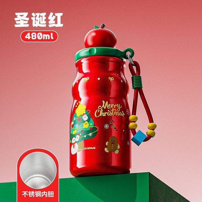 聖誕節禮物保溫杯 吸管水杯 女款 伴手禮, 1個, 雪頂紅櫻(480ml)不鏽鋼內膽材質