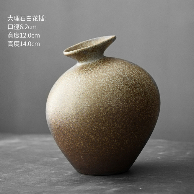 復古粗陶花瓶禪意古樸客廳花插陶瓷小花器茶臺擺件水培植物器皿, 仿古禪意-大理石白花插