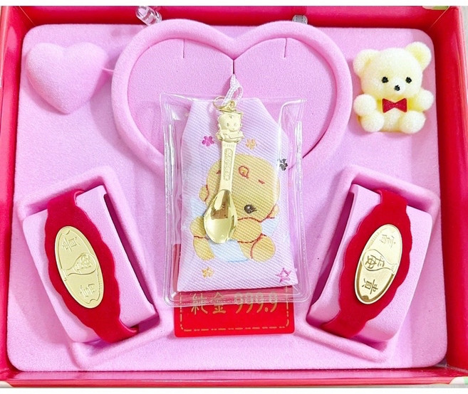 藏寶箱金飾 9999純金黃金彌月禮盒 滿月禮 黃金禮盒 寶寶禮物 生日禮物, 1個, 平安富貴-金湯匙, 金色