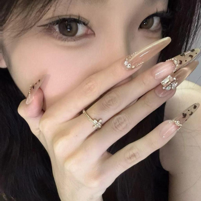 片 豹紋美甲貼片 長款豹紋美甲歐美辣妹貼片奢華水鑽鏈條手工穿戴甲顯白假指甲片, 1個, XS,豹紋美拉德 中梯 2.5釐米