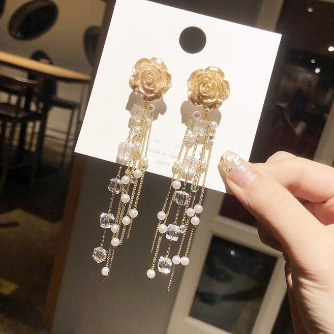 扉娜VINASHOP 宮廷風玫瑰花朵耳環珍珠長款水晶流蘇 AC304