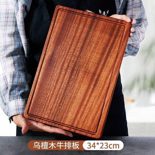 實木托盤 圓形實木托盤 日式實木家用檀木披薩壽司托盤圓形木質托盤水果長方形商用盤子, 1個, 烏檀木牛排板34*23cm, 烏檀木, 牛排板