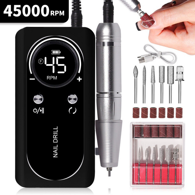 充電式美甲打磨機 45000轉, 1個, 黑色