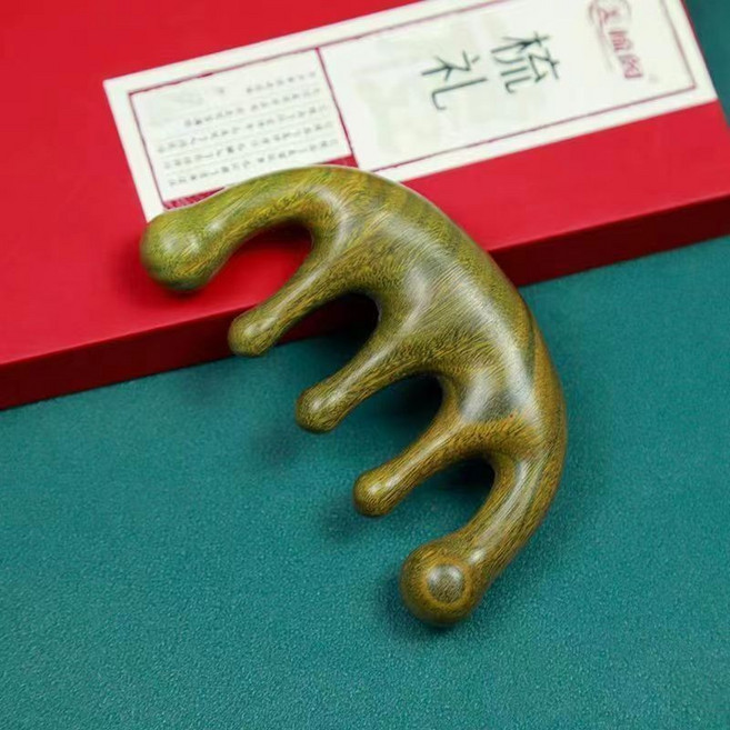 檀木按摩梳 頭部全家用, 1個, 檀木五齒梳
