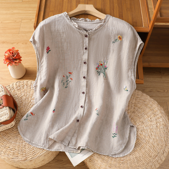 文藝刺繡棉麻無袖襯衫女夏木耳領小衫休閒百搭背心