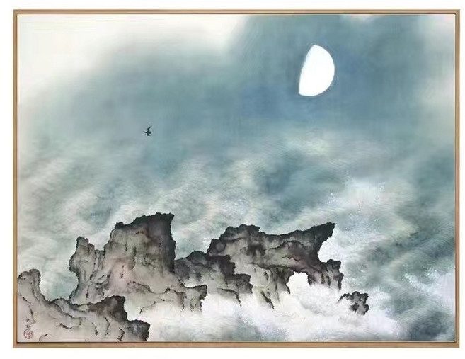 富士山海月水墨風景裝飾畫 日本近代繪畫之父 玄關日式復古風實木畫框海景畫擺件 橫山大觀-驚 то岸, 1個, 橫山大觀-驚濤拍岸,30x40原木色ps框