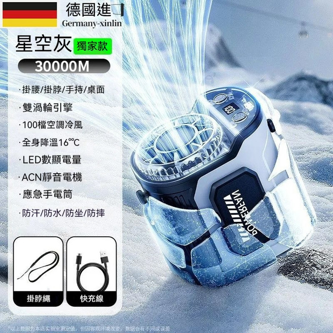 德國進口 掛腰製冷風扇 100檔恆定冷風 便攜式風扇, 通用, 獨家款【100檔冰感風-秒降16°】灰色