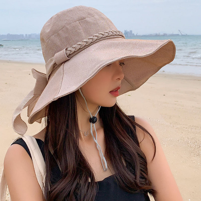 女士夏季寬簷防曬遮陽帽 蝴蝶結防紫外線時尚漁夫帽