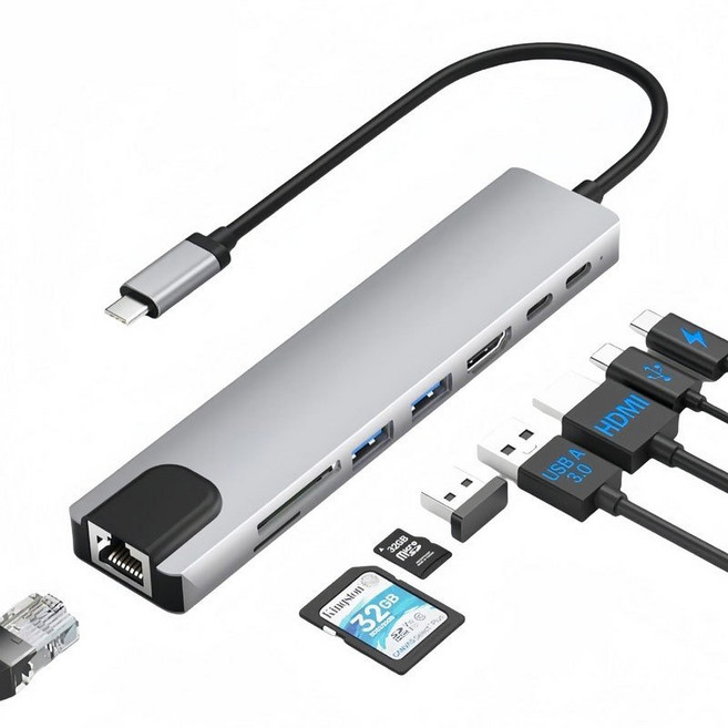 筆電平板擴展集線器Hub 轉接, 1個, USB-C, 8合1擴展集線HUB USB-C, 銀色
