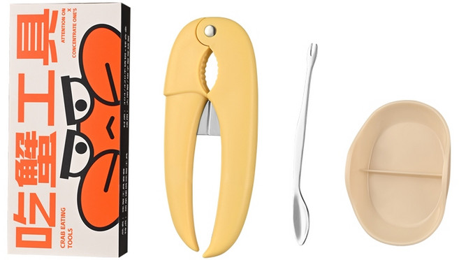 【蟹腳剋星】吃蟹工具組(附醋碟) 三件式搭配 304鋼蟹鉗 吃蟹神器 蟹鉗工具 螃蟹剪刀, 1個, 黃色, 黃色