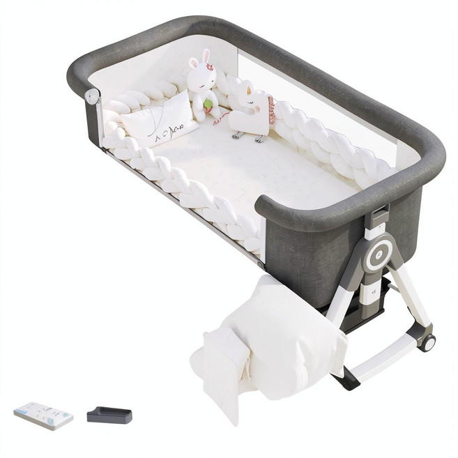 babybed 嬰兒可移動搖籃床, 高碳鋼 - 沐雨雲灰丨築夢款四季雙面4D空氣纖維床墊儲物籃蚊帳涼蓆枕頭尿布臺麻花床圍CS6