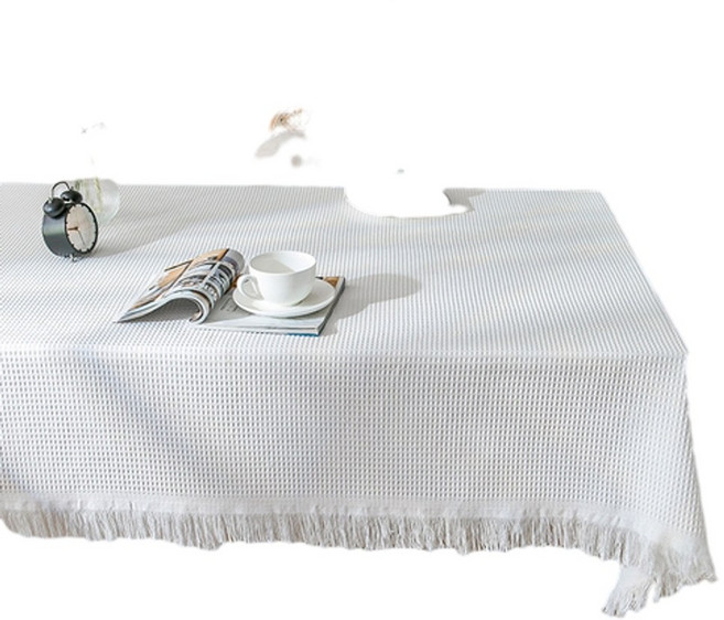 編織格白色長桌巾 附流蘇,FRENCH, 華夫格白色 長桌, 1個, 90*90cm - 適用小圓 / 方桌 / 床頭櫃