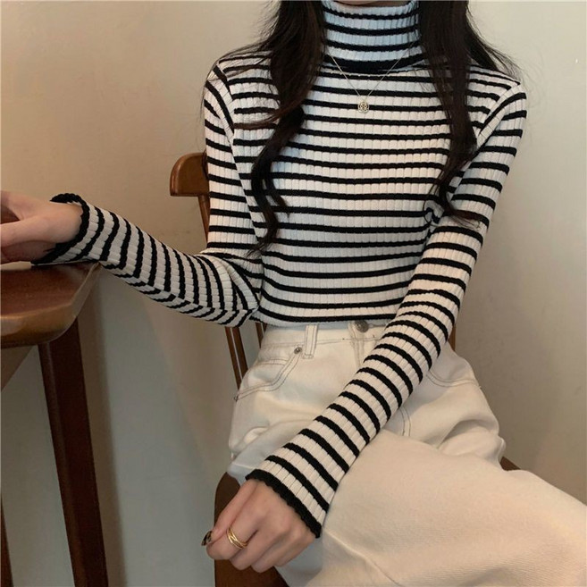 女士條紋高領長袖針織衫上衣