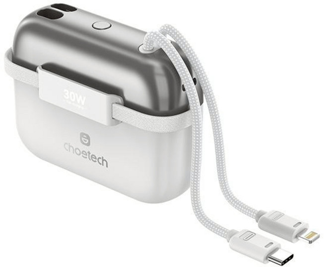 Choetech 30W PD快充自帶雙線行動電源,支援3C設備充電, 白銀, B812