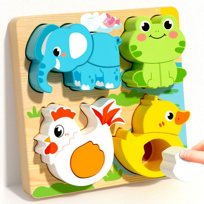 蒙氏立體拼圖 交通工具動物認知玩具 0-3歲嬰幼兒木製益智遊戲, 動物款4個圖案,大象青蛙公雞小鴨子, 1套, 12片