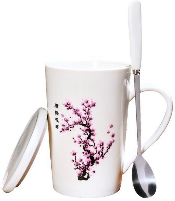 優選 家用馬克杯加熱水變色喝水杯陶瓷杯帶蓋勺喝水茶杯牛奶咖啡熱感杯 副廠商品, 1個, 梅花開了馬克杯帶蓋帶精品勺普通包裝