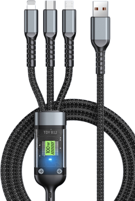 Rabbit Technology 充電線 數據線 Type-C PD快充 適用手機充電線, 數顯-三合一, 1個, 100cm