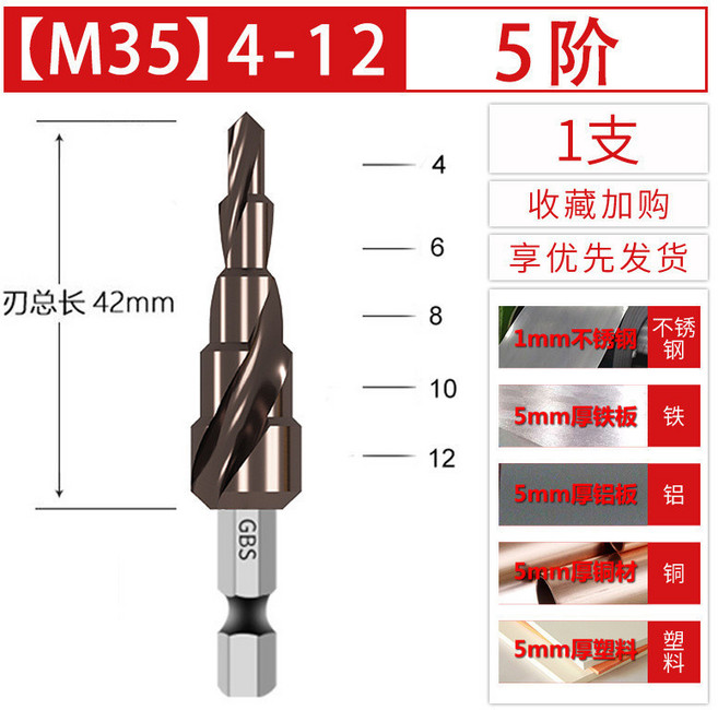 寶塔鑽頭 階梯鑽 鑽鐵 鑽木頭 5-35mm, 1個, 可打不銹鋼 M35含鈷加硬,4-12 5階 +4-20 9階
