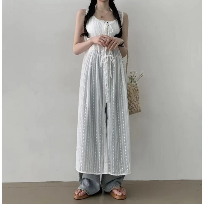 太妮絲 蝴蝶結綁帶長版罩衫, 白色