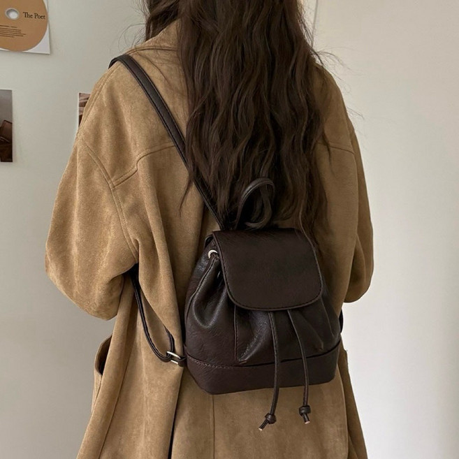 復古皮革雙肩包 秋冬簡約後背包 迷你旅行小包 可調節背帶女生包包, 咖啡色, 咖啡色