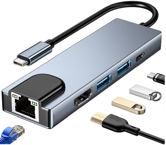 TYPE C 3.1 轉接 RJ45 USB 3.0 HUB HDTV 分享器 集線器, 1個, 5合1