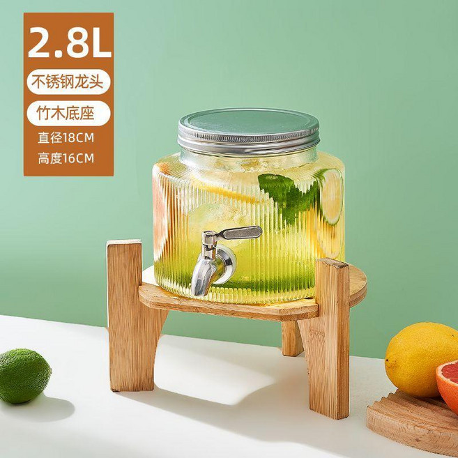 2.8L 玻璃冷水壺 附不鏽鋼龍頭 竹木底座, 1個
