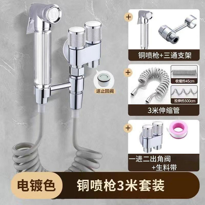 全銅噴槍 一進二出 衛生間增壓 雙控沖洗 廁所沖洗器 馬桶伴侶角閥, 1個, 電鍍荔枝輪 三米套裝 銅噴槍+支架款,高端精品 漏水換新 配止回裝置, 電鍍, 銅噴槍+支架款